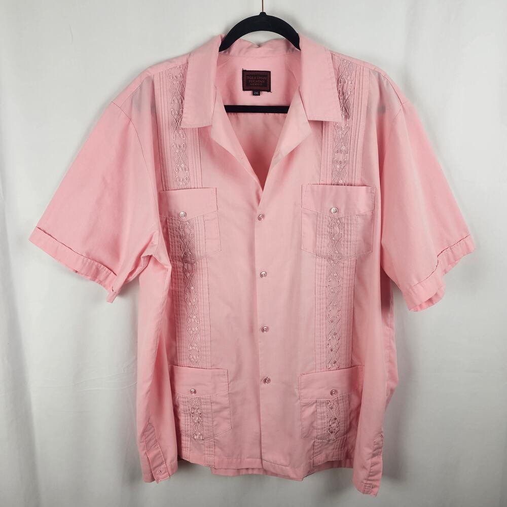 Maximos Yucatan Mexico Guayabera Shirt Pink 2XL Short Sleeve Cotton Blend